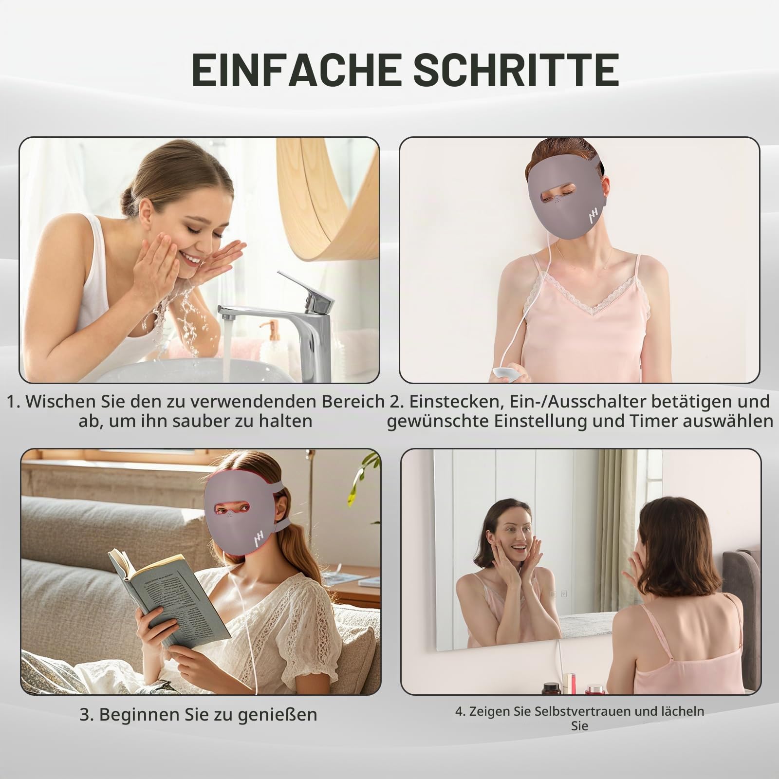 Rotlichtlampe Gesicht, 850 & 660 LED Maske Gesicht mit 10/15/20 Minuten Timer & 5 Helligkeitsstellung, Silizium Rotlicht Maske Gesichts für den Hausgebrauch
