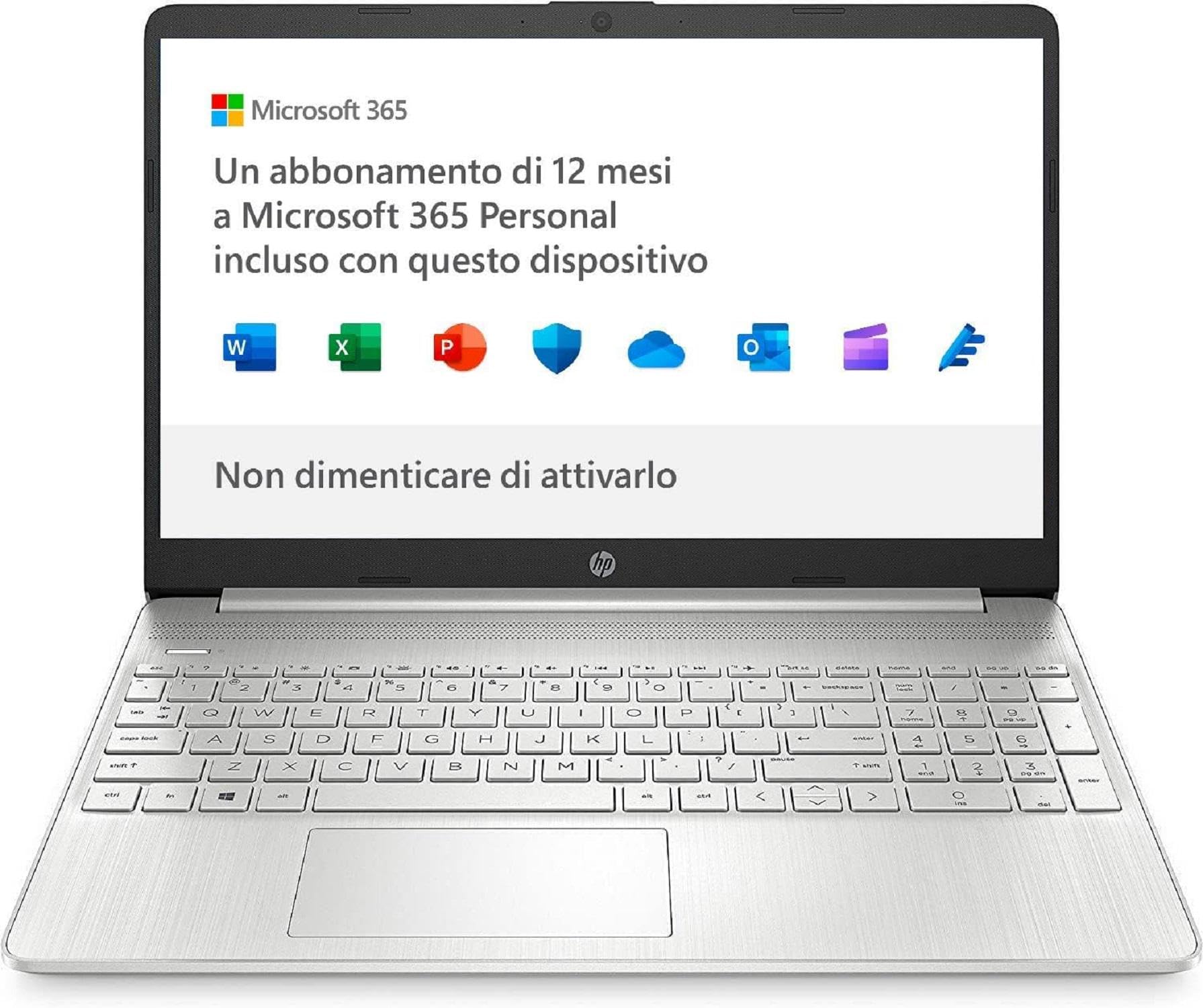 HP Laptop 15s-fq0010sl, Intel Celeron N4120, RAM 4GB DDR4, SSD NVMe 128GB, Scheda Intel UHD, Display 15,6" FHD, Antiriflesso, Wi-Fi, Webcam, Lettore di Schede, Windows 11 S, Microsoft 365, Argento