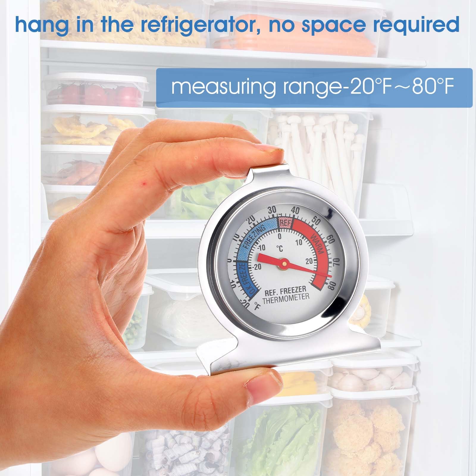 Confezione da 12 termometri analogici per frigorifero e congelatore, in acciaio inox, con quadrante grande, per frigorifero, congelatore
