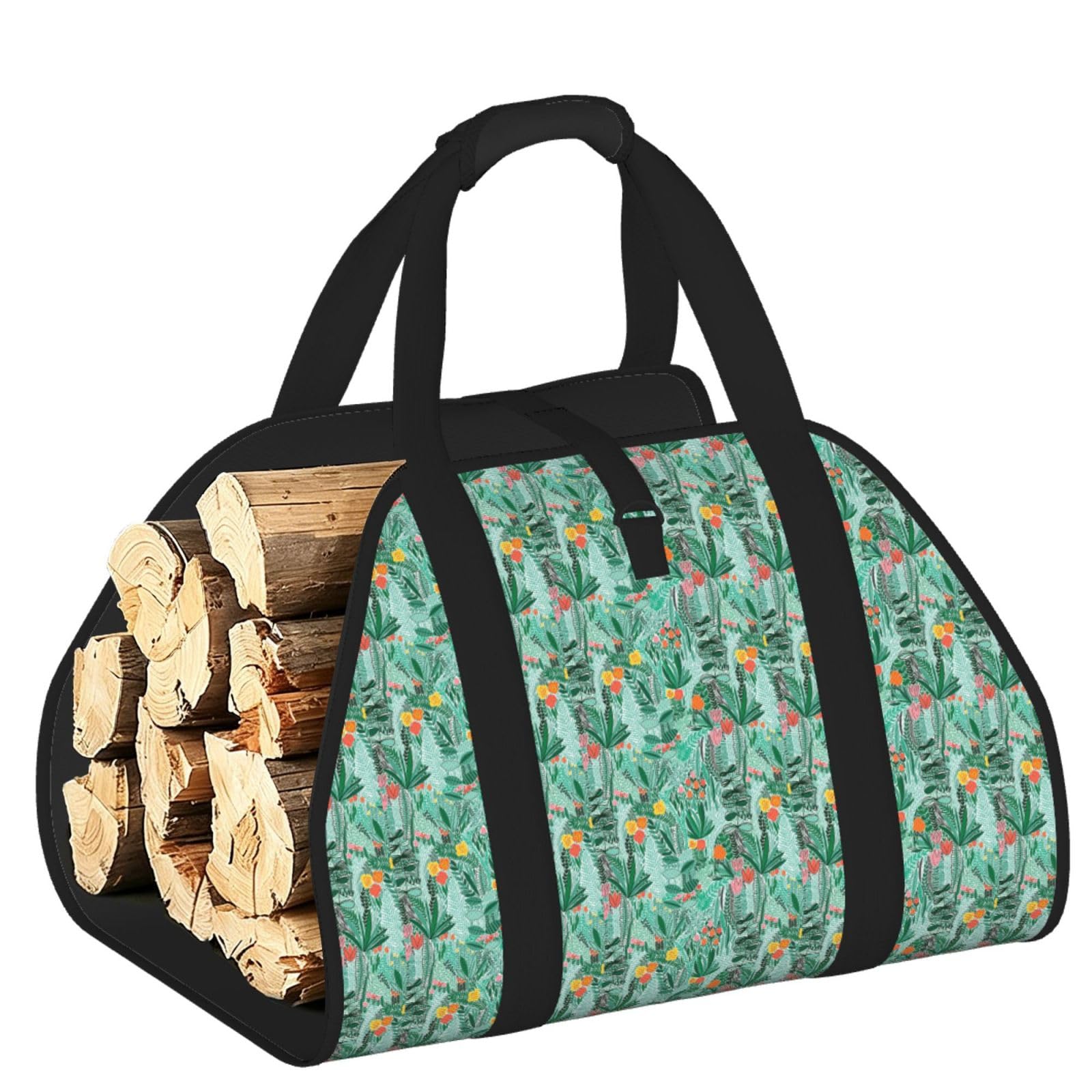 Ayyqwe Black Tropical Flora Print Firewood Bag Wood Waterproof Versatile Camping Picnic Storage Daily Home