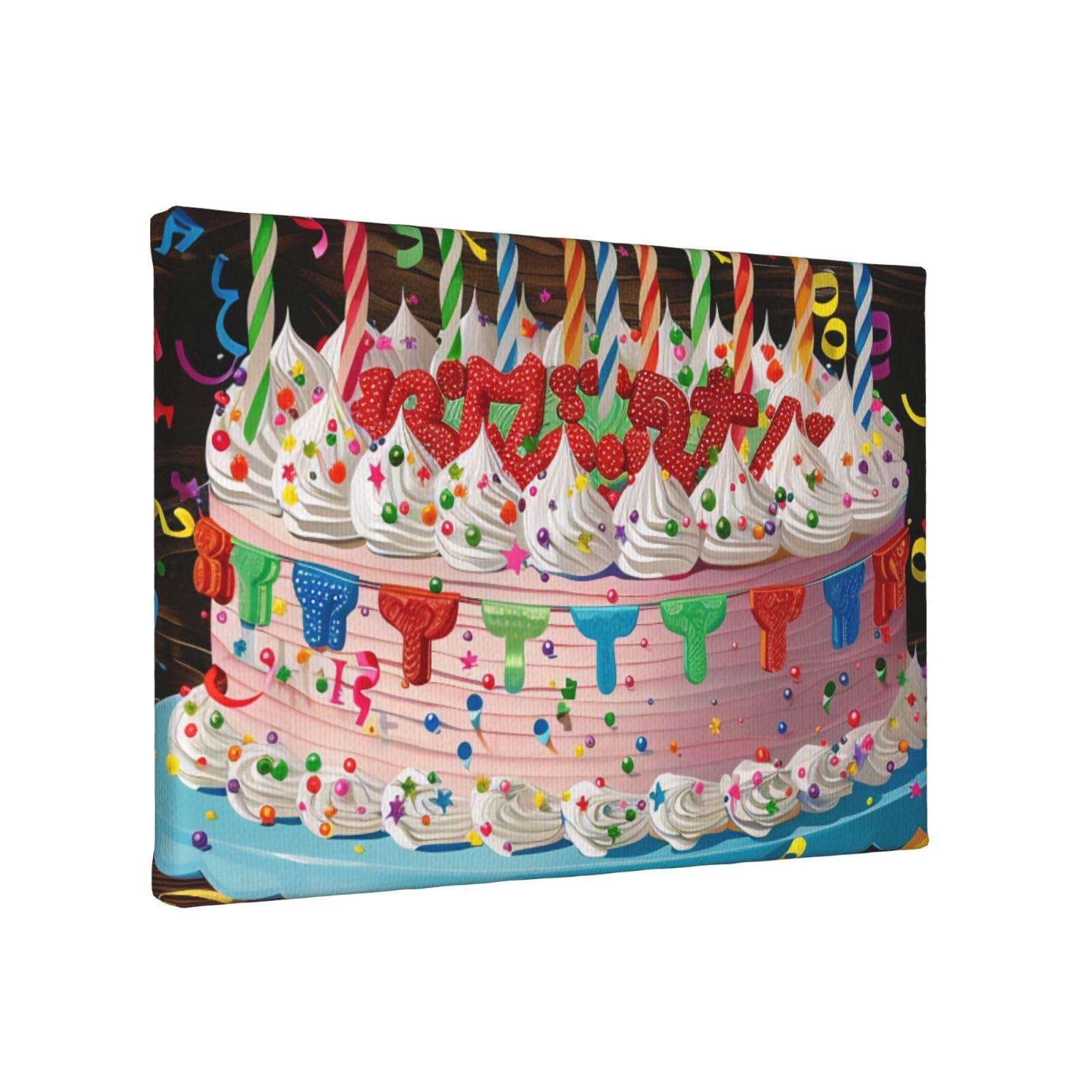 YKLJG Happy Birthday Big Cake Printed Wall Art Canvas Painting 30x20 CM Wooden Framed Picture Painting Artwork Prints for Bedroom Kitchen Home Office Decor
