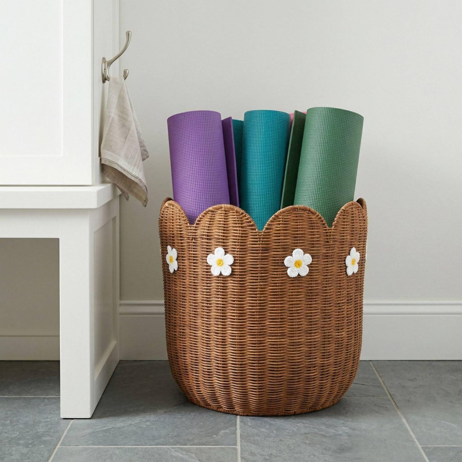 kowaku Cesta de Almacenamiento Tejida Cesta de Mimbre Cesto Organizador Contenedor Decorativo en Ratán con Toques Ornamentales Suaves y Estilo Acogedor