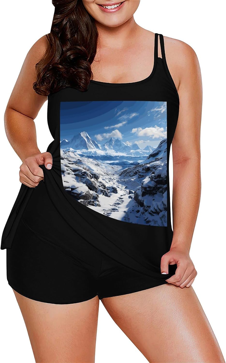 Spectacular Snowy Mountains Tankini Swimsuits for Women Tummy Control Two Piece Bathing Suits Swim Tops with Boy Shorts Black
