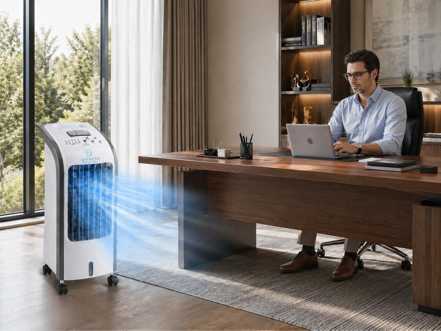 O'FRESH Rafraichisseur d'air silencieux - Portable grace à ses roulettes - Ventilateur à évaporation, rafraichit instantanément - Télécommande - Timer - Assainit l'air ambiant des polens et poluants