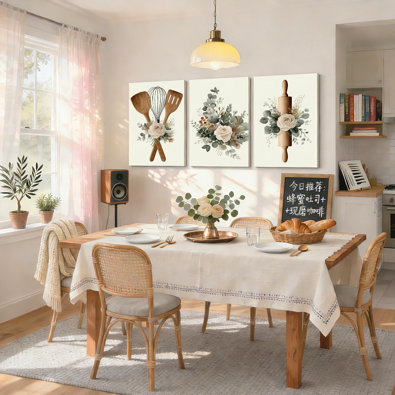 3Pcs Sage Green Farmhouse Kitchen Canvas Wall Art Minimalist Restaurant Floral Prints Wall Decor Vintage Country Kitchen Paintings Pictures Posters Art Farmhouse Restaurant Kitchen Decor 12x16 inch
