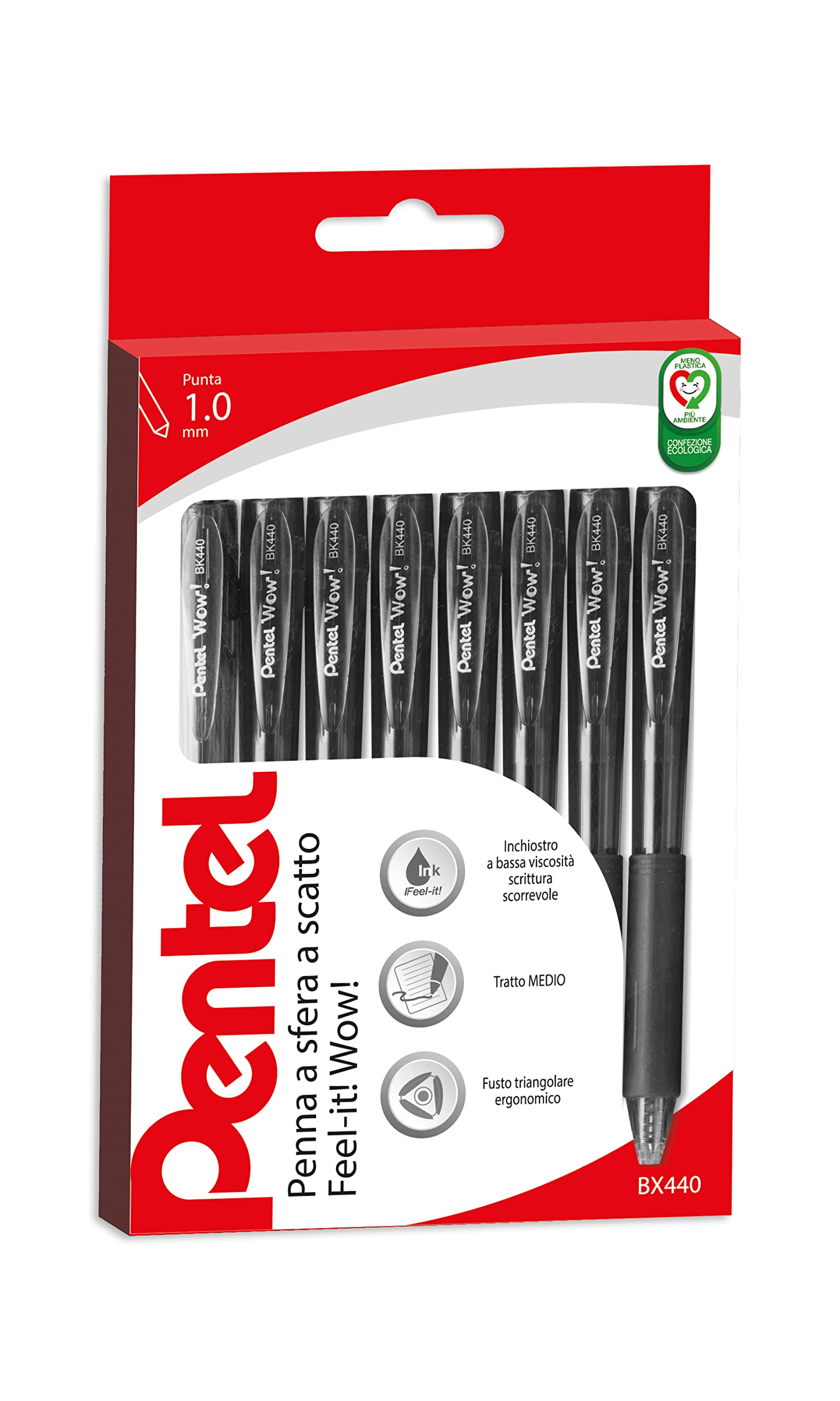 Pentel BX440 Feel-it! Wow! - Set Di 8 Penne A Sfera A Scatto, Punta 1.0 Mm, Fusto Triangolare, Colore Nero