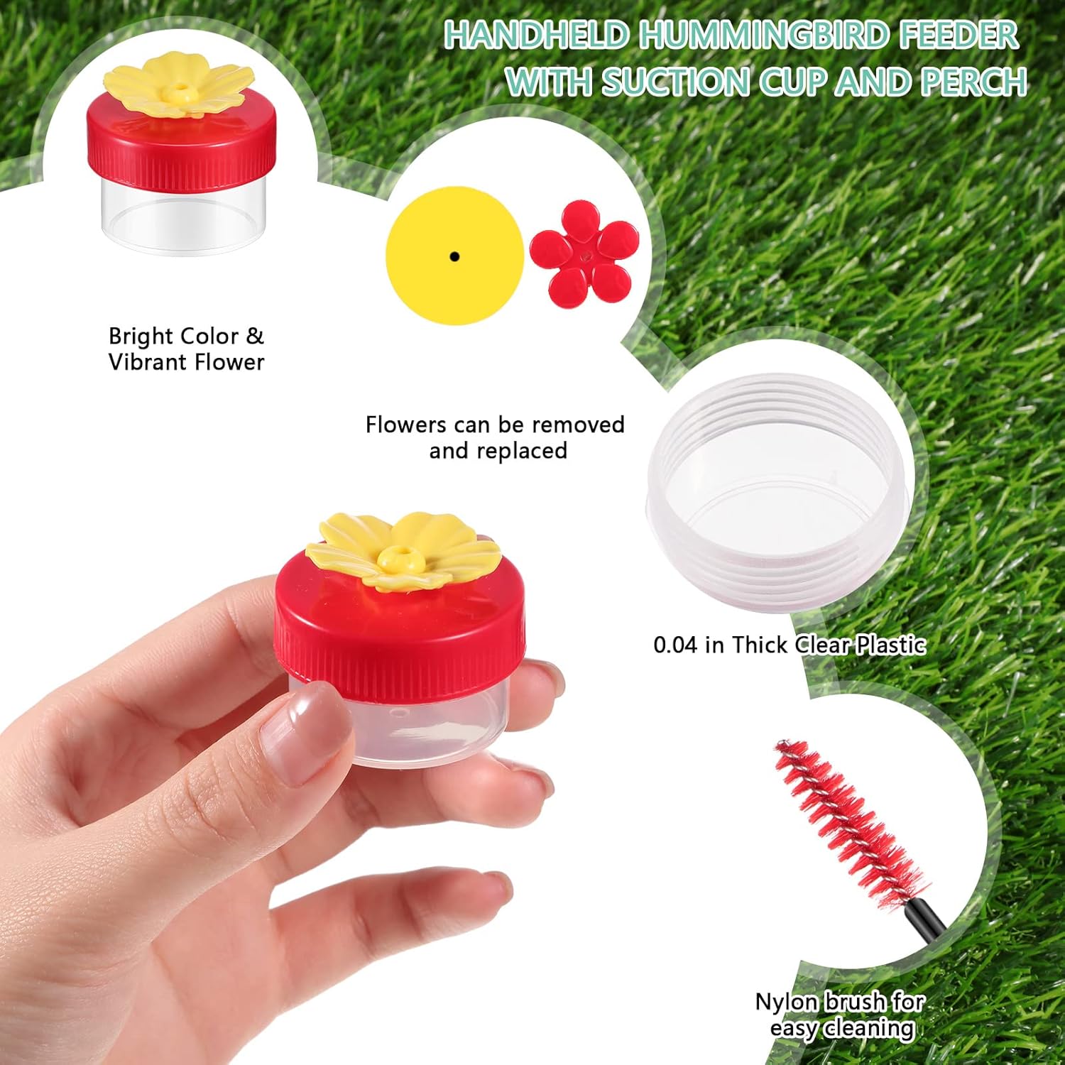 Hand Hummingbird Feeder 4 Pieces Window Flower Hummingbird Feeder Wild Bird Feeders with Cleaning Brush for Outdoor Supplies, Red and Yellow - Image 3