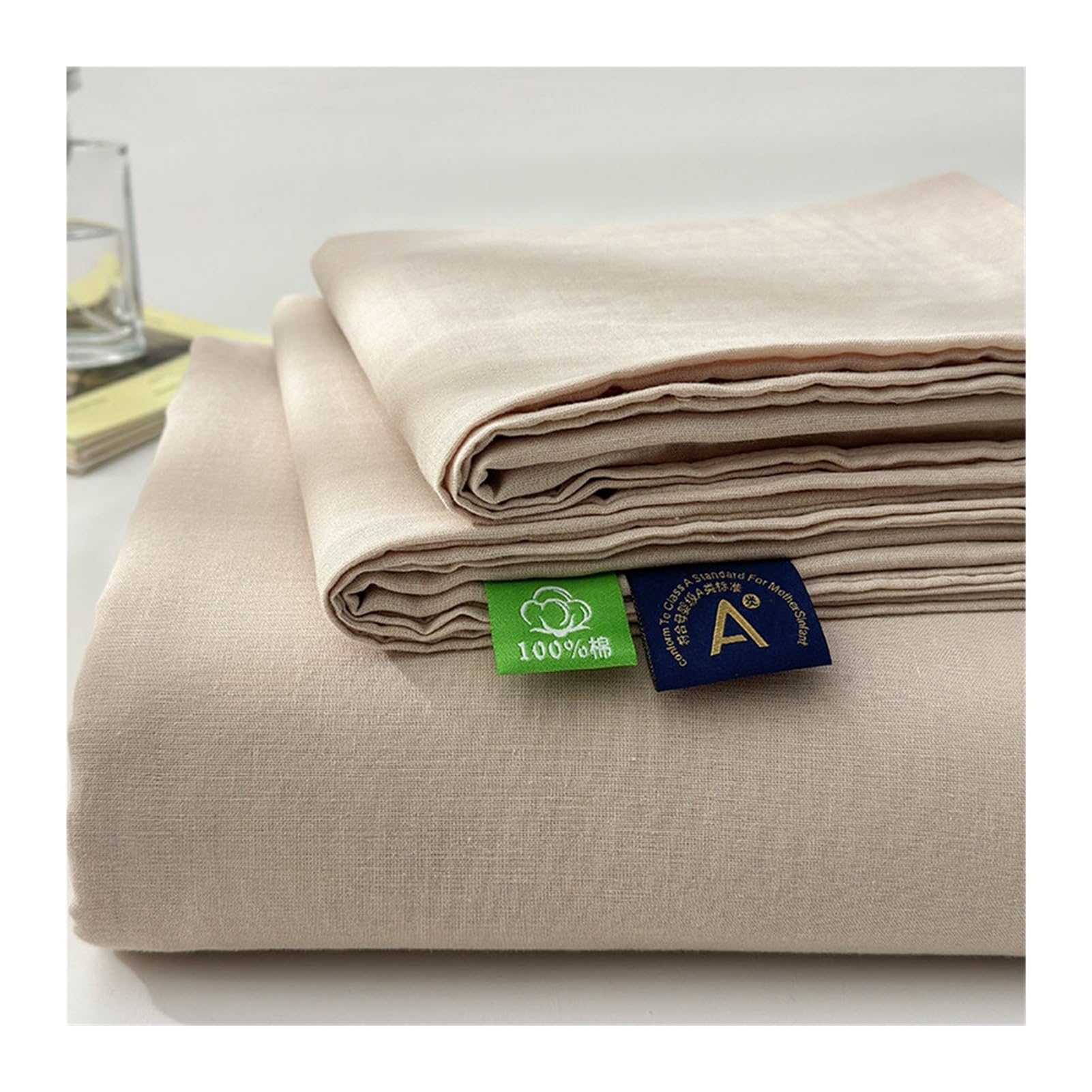 GBHMJU 100% Cotton Double Gauze Flat Sheet A Class Easy Care Top Sheet(Khaki,200x230cm+48x74cm x2)
