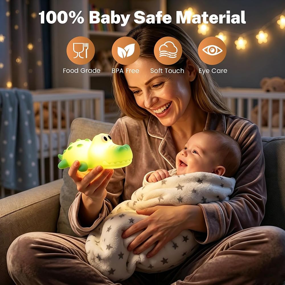 Luz Noche LED para Niños Luz Noche de Cocodrilo para Bebés 3000 K, Iluminación Cálida y Modo RGB Lámpara Infantil de Silicona Suave con Temporizador de 30 Minutos Aplique sin Conexión,Verde