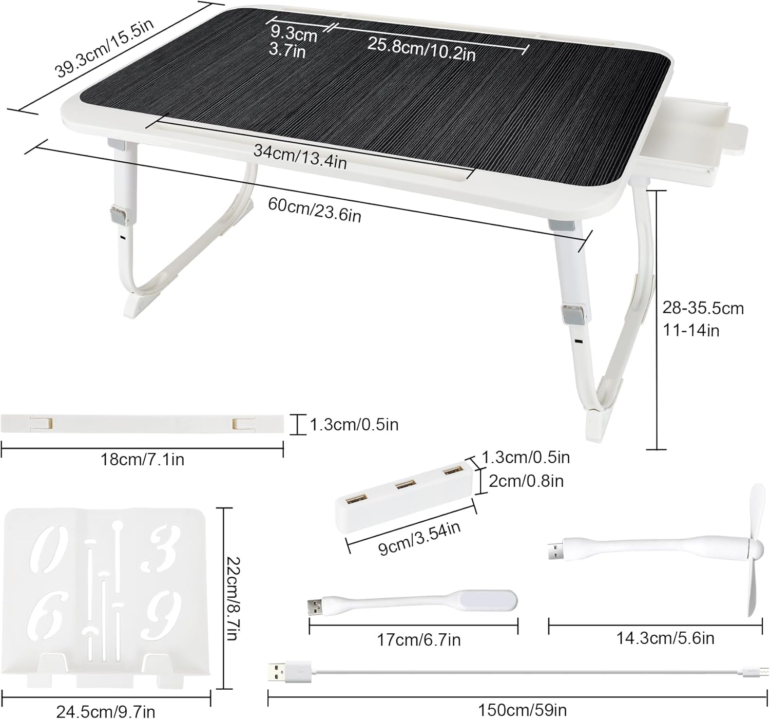 Laptop Desk for Bed, Adjustable Height Laptop Bed Table, Foldable Lap Desk with USB Charge Port, Desktop Card Slot, Side Drawer, Book Shelf, Portable Lap Tray for Eating Reading Working Sofa & Floor Matte Black