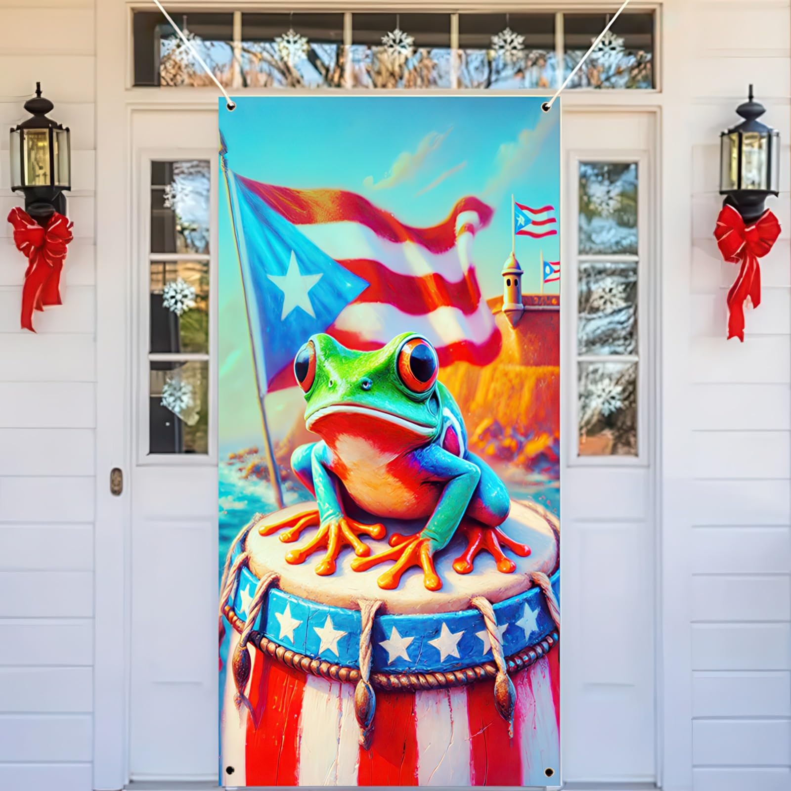 BlissYard Puerto Rico Flags Frog Door Cover Banner 71x35 Inch Puerto Rican Flag Door Cover Backdrop Porch Front Door Banner Background for Outdoor Decor Supplies Home Party Holiday and Celebrations