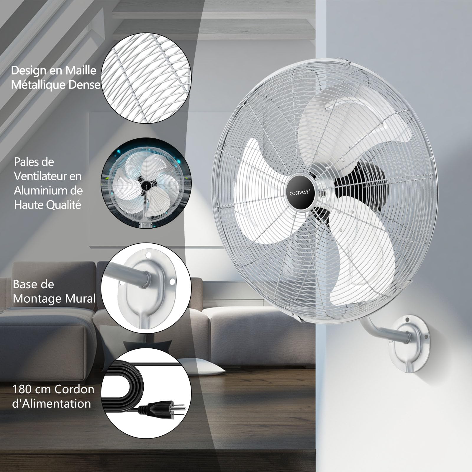 COSTWAY Ventilateur Mural Industriel Ø56 cm 120W 3 Vitesses, Ventilateur Domestique Pales en Aluminium Tête d'Inclinaison Réglable à 30° Oscillation à 85° pour Entrepôt Atelier (Argenté)