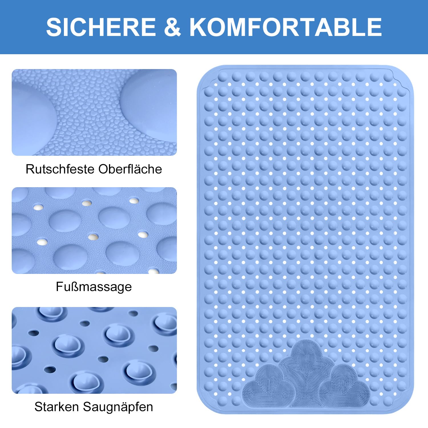 Tapis de douche antidérapant 106 x 66 cm – Extra long – Tapis de douche antidérapant confortable avec ventouses – Tapis de douche antidérapant en TPE – Lavable en machine (bleu, 106 x 66 cm)