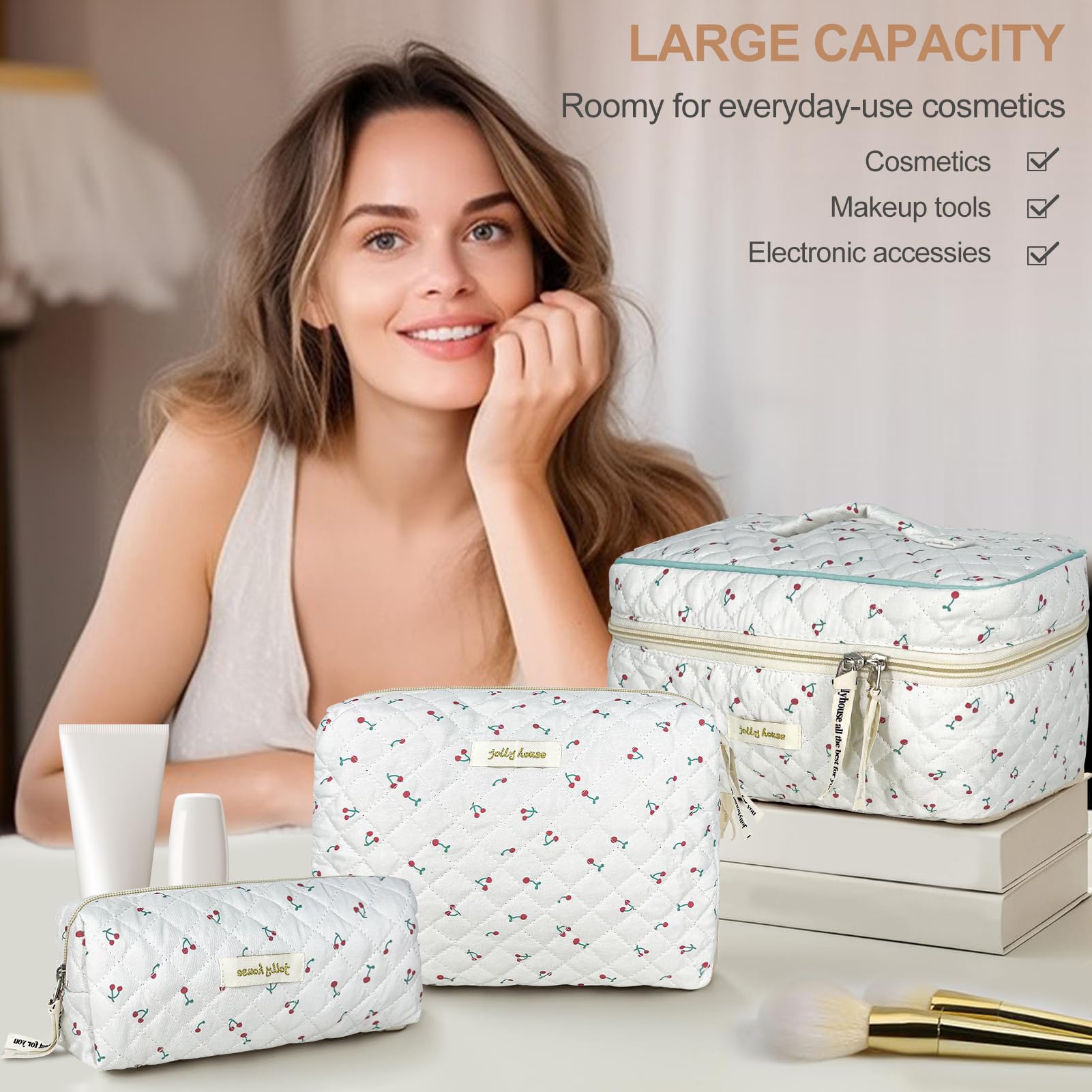 TOPALL Floral Cotton Quilted Cosmetic Bag - Classic Toiletry Pouch for Women & Girls - Cherry 2PCS (Large+Medium) - Image 2