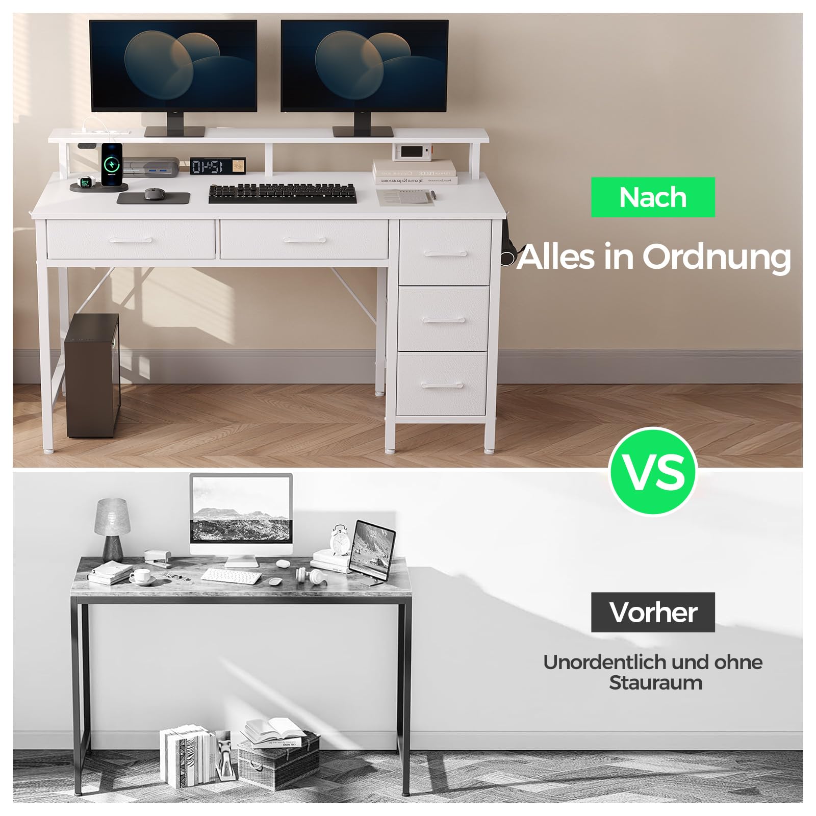 Seventable Computertisch mit Steckdosen & LED-Beleuchtung, 120cm Gaming Schreibtisch mit 5 Schubladen, Gaming Tisch mit Monitorständer, fürs Büro, Arbeitszimmer, Schlafzimmer, Wohnzimmer, Weiß