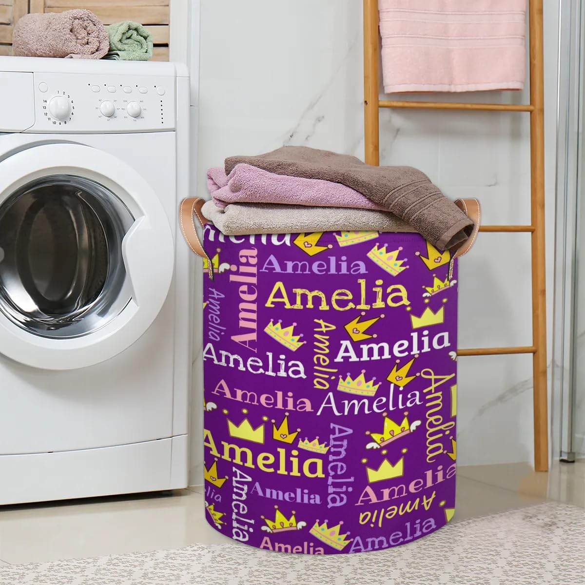 Personalized Laundry Basket, Custom Gift Laundry Hamper, Collapsible Nursery Waterproof Laundry Baskets, Dirty Clothes Toy Hamper with Handles Cute Crown Purple
