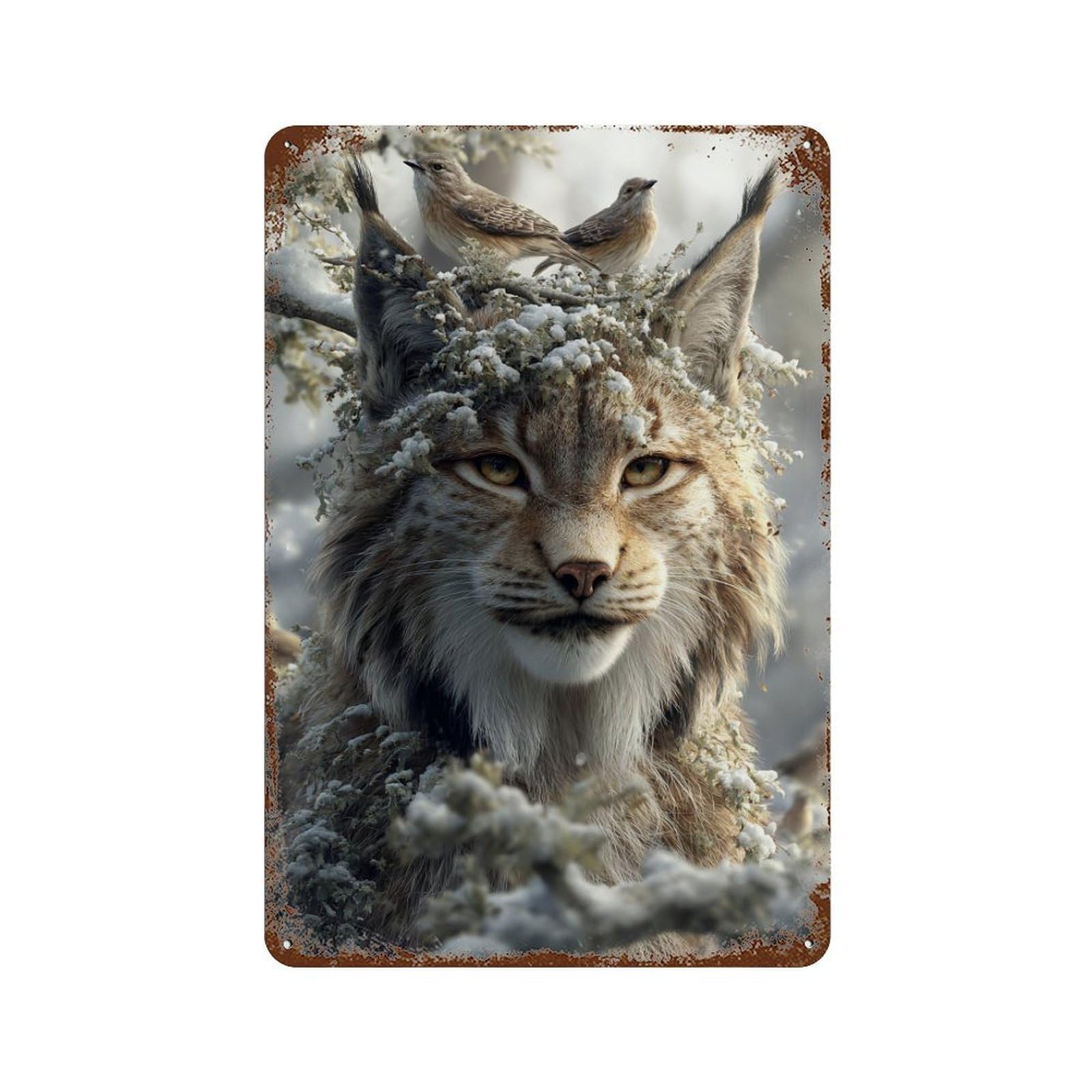 Rust Effect Winter Lynx with Birds-3 Rustic Tin Plaque 11.8"x7.9", Old School Wall Decor for Shed, Workshop And Garage Wall Decor