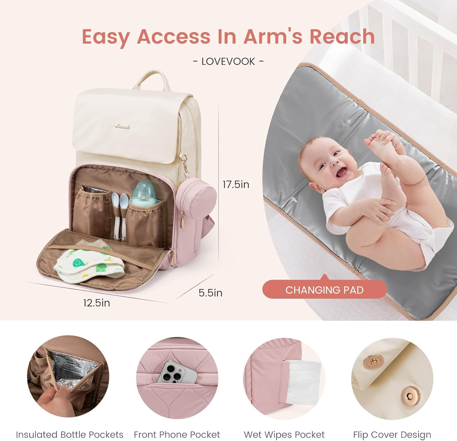 LOVEVOOK Diaper Bag Backpack, Baby Travel Bags for Boys & Girl, Toddler Waterproof Diaper Bag w/Changing Pad (Pink, 15.6''-Small) - Image 7