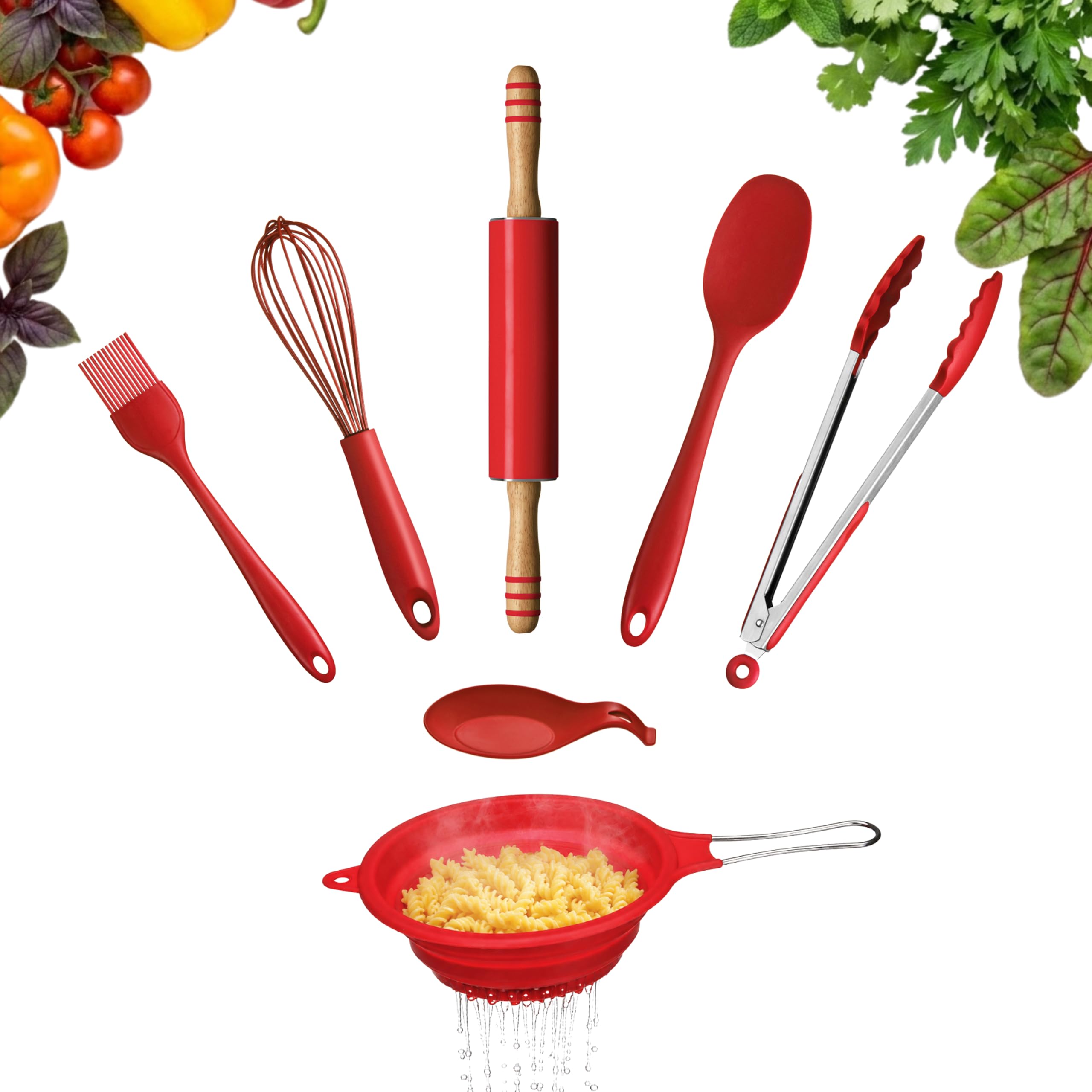 Premier Housewares - Juego de utensilios de cocina (7 piezas, silicona), color rojo
