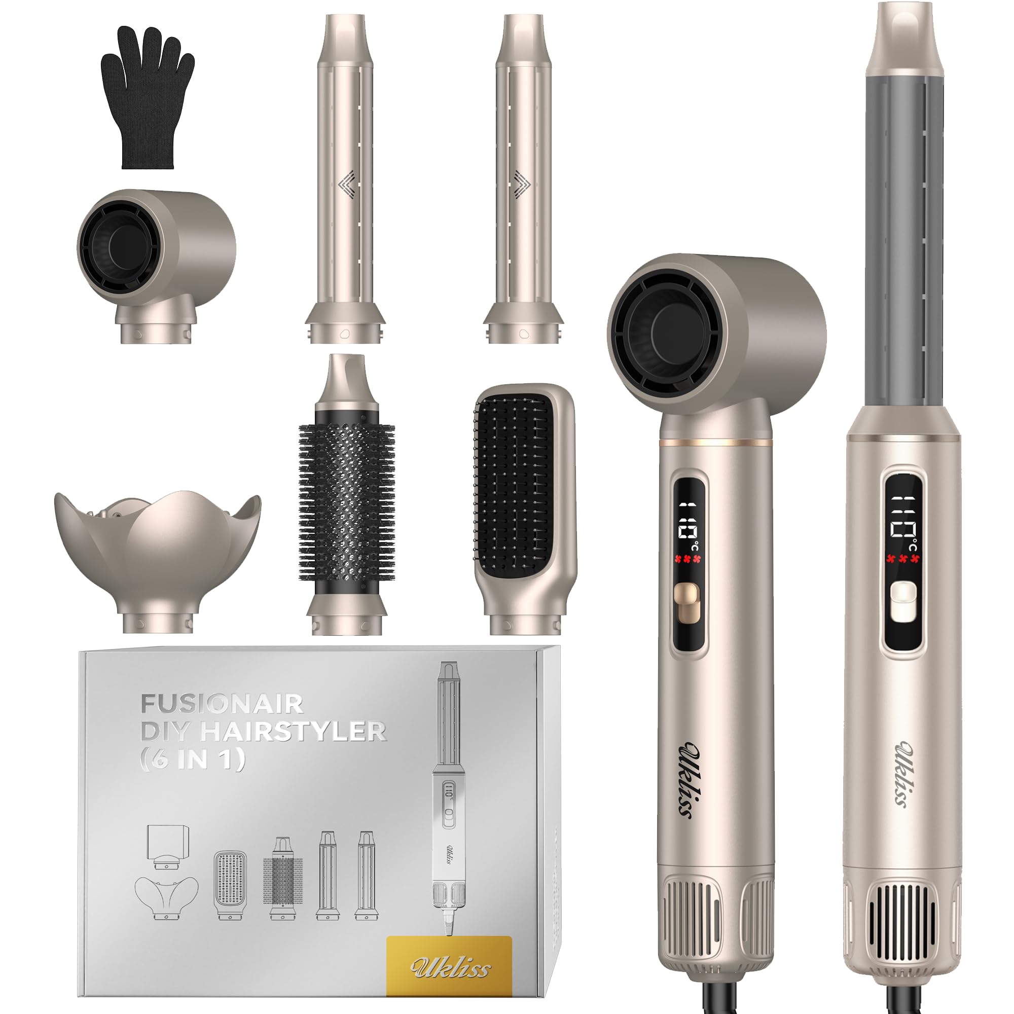UKLISS Haarstyler Hairstyler 6 in 1, Hair Styler Set mit LCD-1000W Föhbürste Airluft Lockenstab Hair Dryer Brush Rundbürste Haarglätter für Glätten, Trocknen, Volumen, Locken | Geschenke Set
