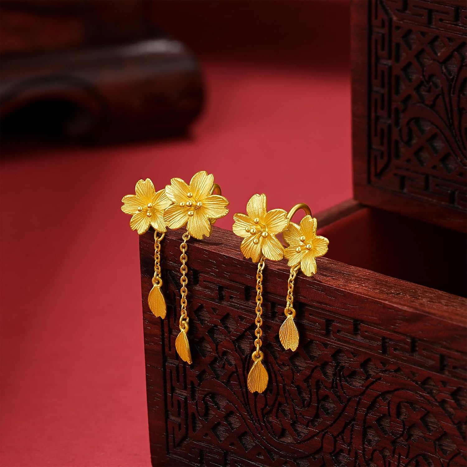 24K Gold Earrings for Women, Real Pure Gold Flower Drop Earrings Dainty Floral Gesanghua Dangle Earrings for Mom Ladies Girlfriend Gifts Birthday Wedding Jewelry A098656