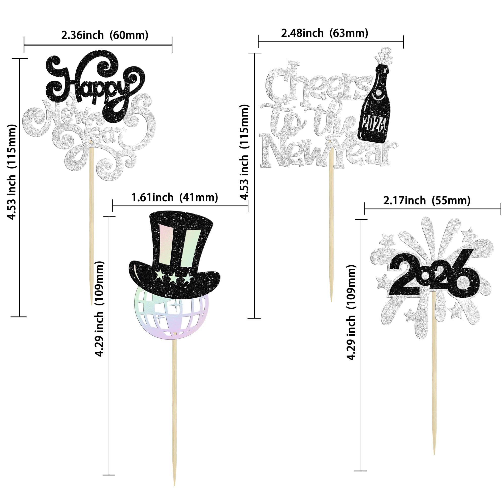 Ephlyn 24Pcs 2026 Happy New Year Cupcake Toppers Glitter Fireworks Cheers to 2026 Cupcake Picks for Welcome 2026 Happy New Year Theme Holiday Party Cake Decorations Supplies Laser Silver - Image 2