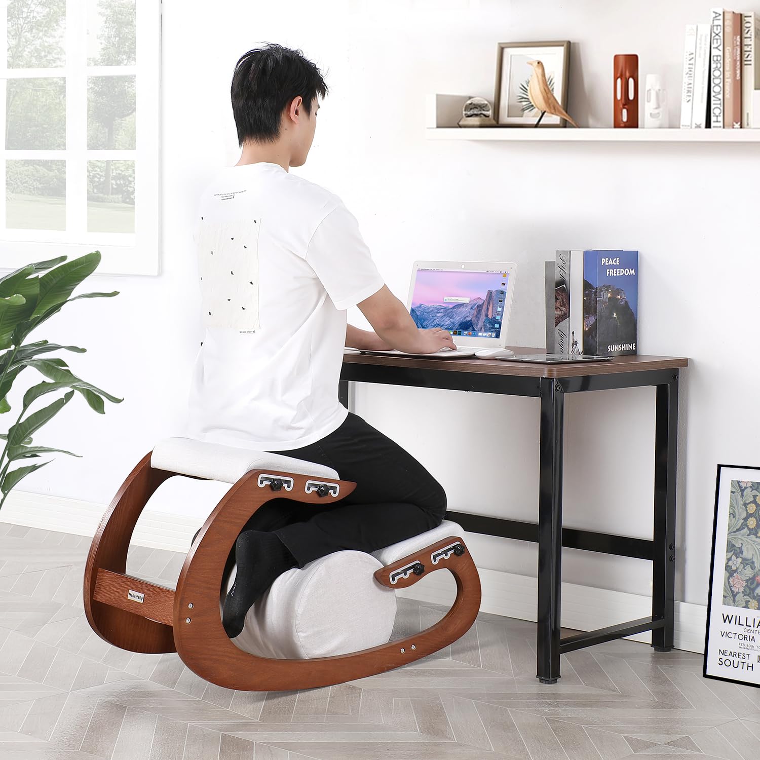Adjustable Kniestuhl, Ergonomischer Schaukelstuhl aus Holz - Verbessern Sie Ihre Körperhaltung mit einem angewinkelten Sitz für Zuhause, Büro (Pekannuss)