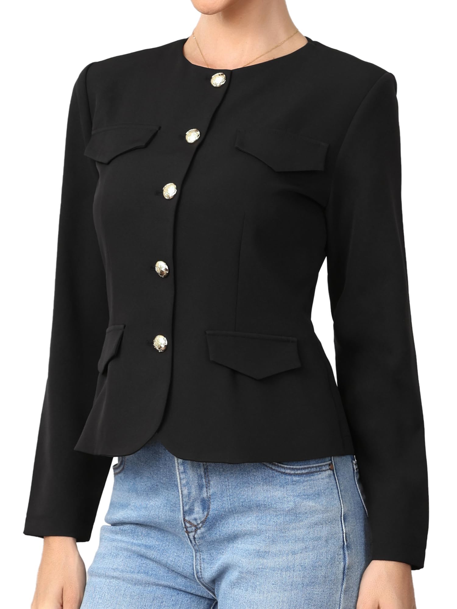 Allegra K Cropped Blazer Jackets for Women Business Casual Collarless Button Down Fitted Long Sleeve Office Work Suit