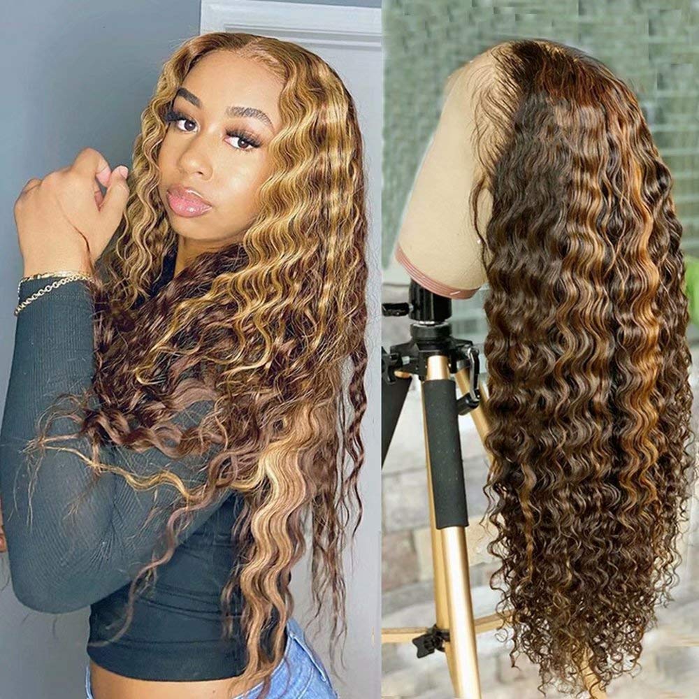 oulaer Wig Highlight Ombre T4/27 Color Deep Wave Curly Wig HD Transparent 13x4 Lace Front Human Hair Wig Pre Plucked With Baby Hair Bleached Knots