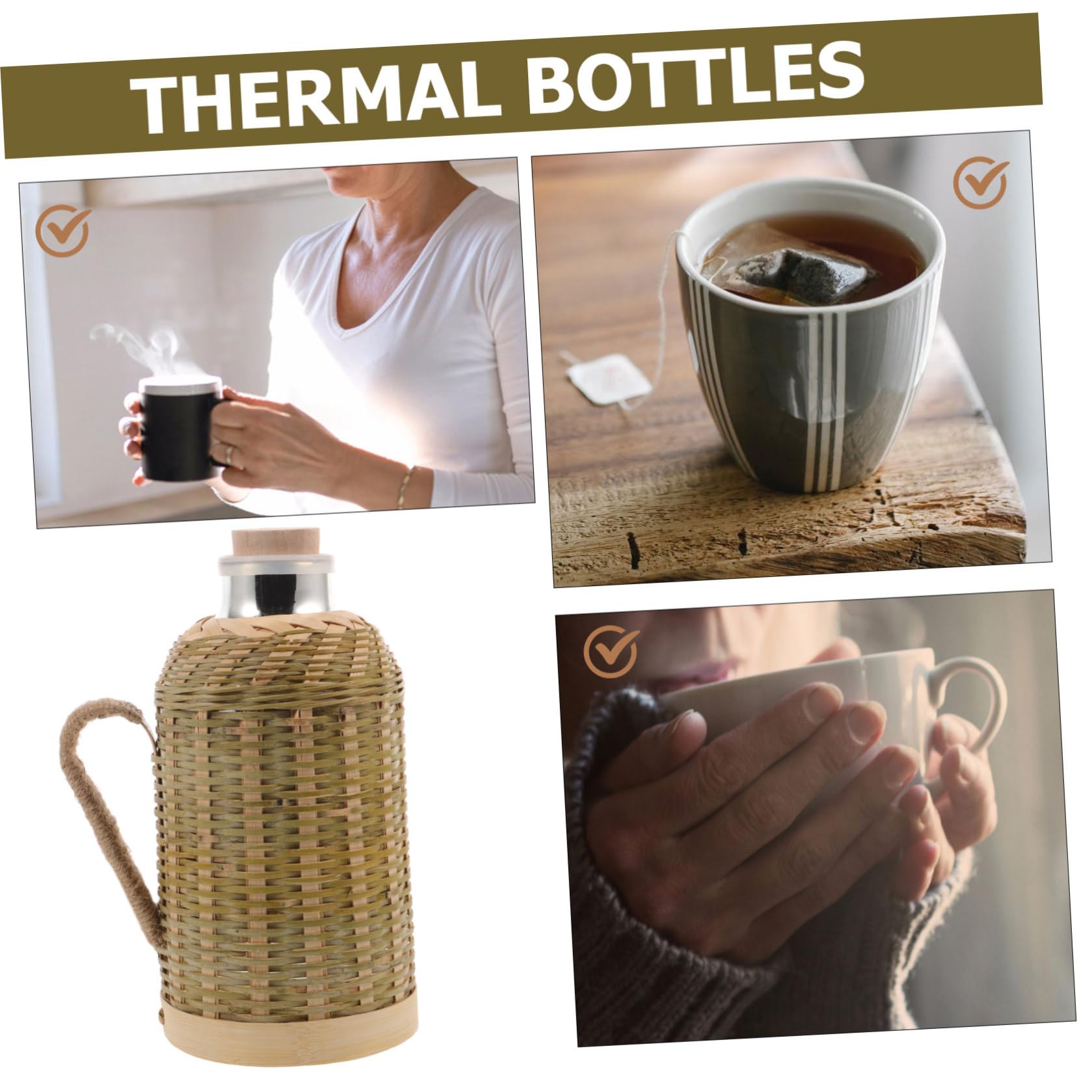 Borraccia Termica in Vetro Rivestimento in Bambù 1,3l, Stile Retrò, Pratica e Riutilizzabile, per Uso Interno ed Esterno, Conserva Calore