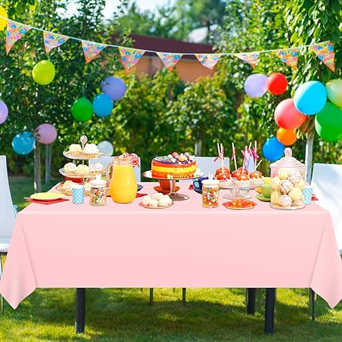 Miniatura 5 de WNINK Manteles de plástico rosa claro, paquete de 4 manteles desechables de 54 x 108 pulgadas, manteles de plástico rosa pastel para fiestas,