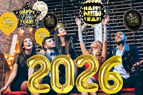 Miniatura 5 de Juego de decoraciones de Feliz Año Nuevo 2026, enormes globos de números de lámina dorada 2026, pancarta de feliz año nuevo, globos de látex negros
