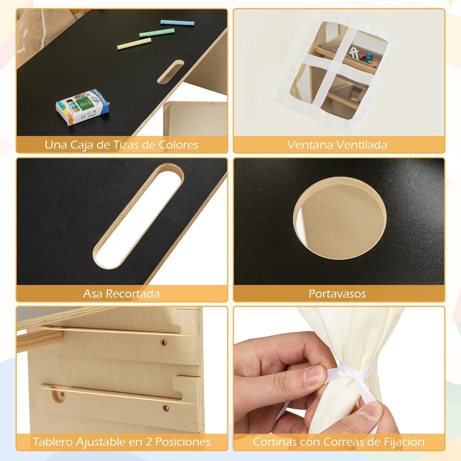 GOPLUS Tienda de Campaña de Madera para Niños de 2-6 Años, Tienda de Juego 6 en 1 con Mesa y Silla Infantil de Altura Ajustable con Pizarra, Colchón de Espuma, 6 Cajas para Juguetes, Carga Máx 60kg