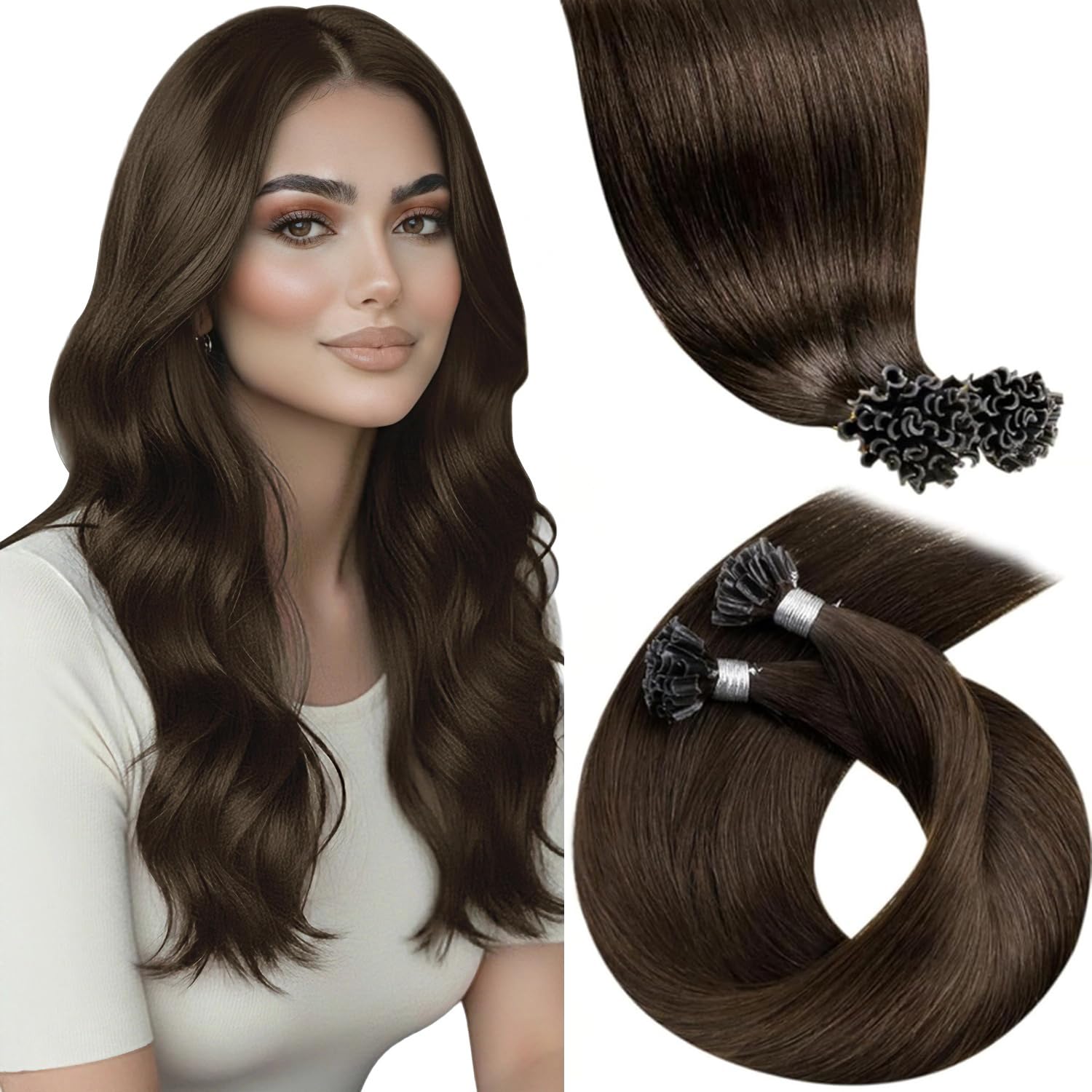 LaaVoo U Tip Hair Extensiosn Human Hair Brown K Tip Hair Extensions Real Human Hair Medium Brown K Tips Hair Extensions Hot Fusion 50g 50s 14 Inch