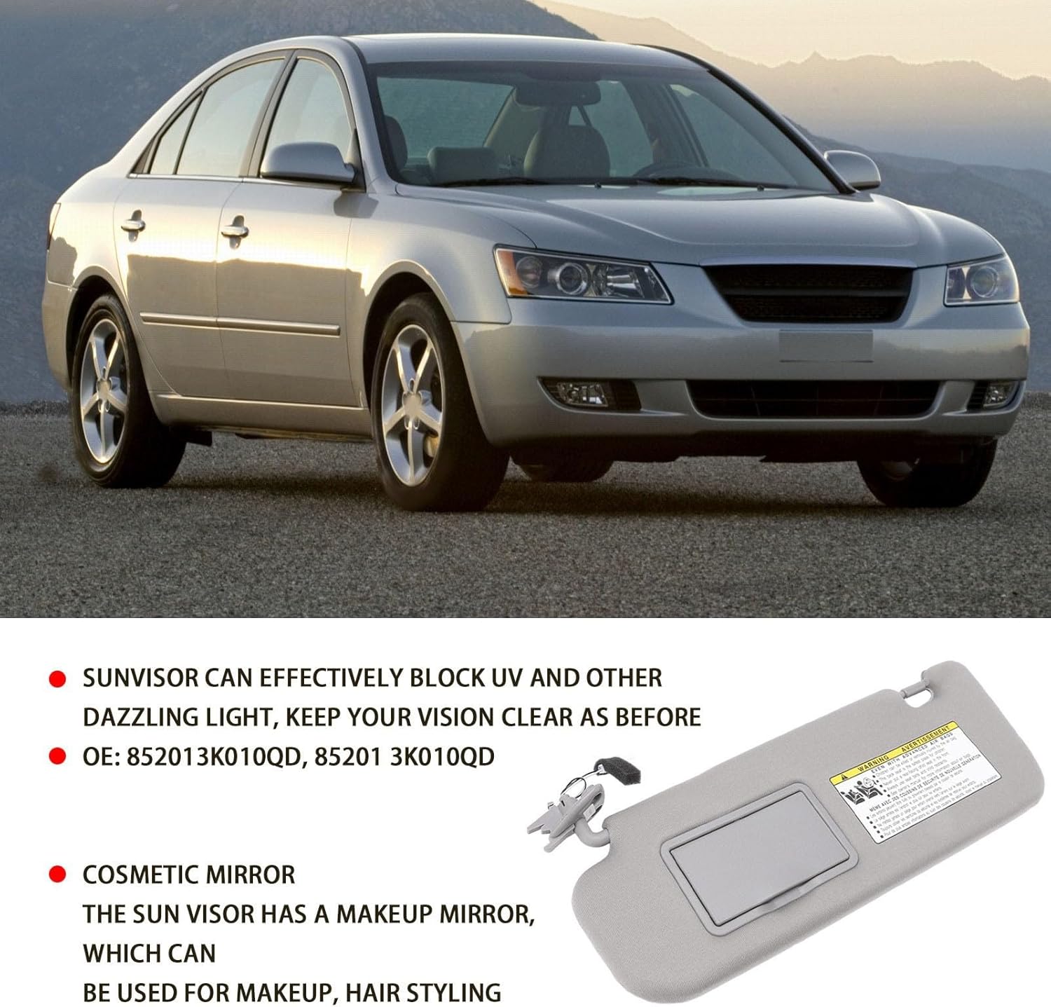 Gray Left Driver Side and Right Passenger Side Sun Visor Assembly Sunvisor Assy 852013K010QD Replacement for Sonata 2006‑2008(Left)