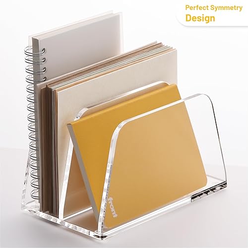Vista 5 de SANRUI Organizador de correo acrílico para escritorio, soporte vertical para cartas, estantería transparente, 2 ranuras, clasificador de archivos