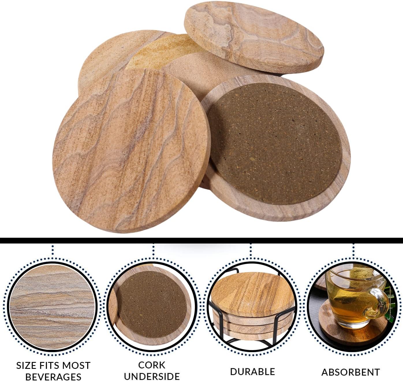 Sandstone Water Absorbent Hand Crafted Round Coasters for Drinks - 4 Inches Wide Thirsty Stone Bar/Drink Coasters- Made from Rainbow Sandstone (Set of 6 Without Holder) - Image 4