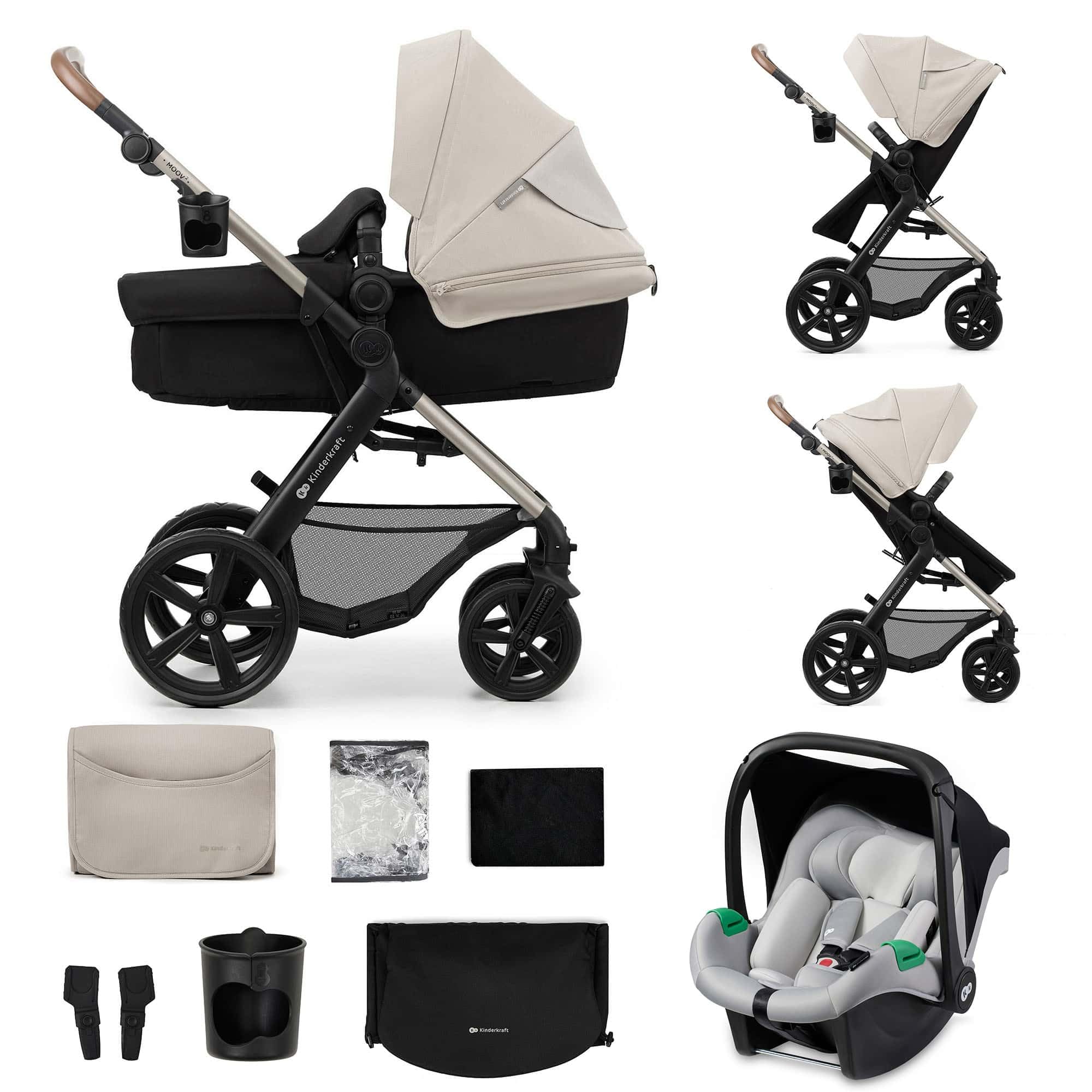 Kinderkraft MOOV2 3-in-1 Baby Stroller, EVA, Mink PRO I-Size, Travel System, Baby Stroller, Pushchair, Foldable, for Newborn, from Birth to 3 Years, Grey