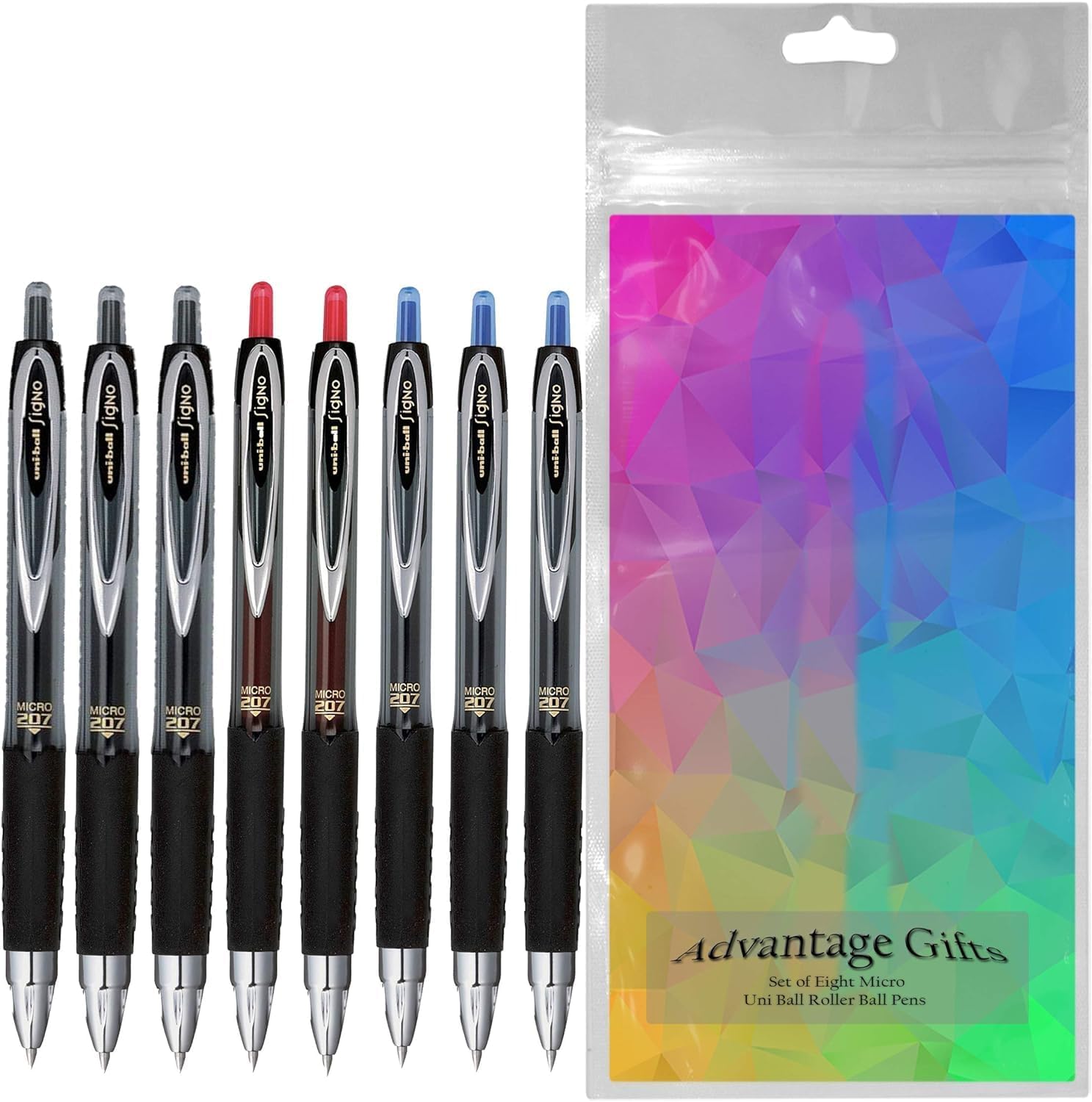 Signo 207 Roller Ball Retractable Gel Pens, Micro Point (0.5mm), Black Blue And Red Ink, 8 Count, Bundle with Plastic Reusable Pouch
