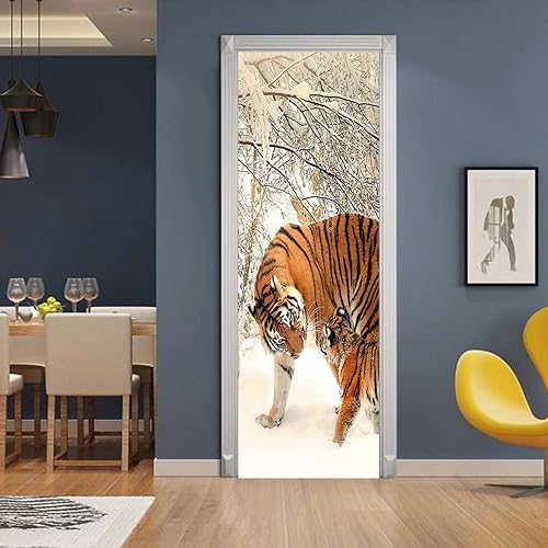 Adhesivos 3D para puerta papel tapiz de PVC, autoadhesivos, removibles, animales, tigre, nieve, escena, decoración de pared para niños, dormitorio,