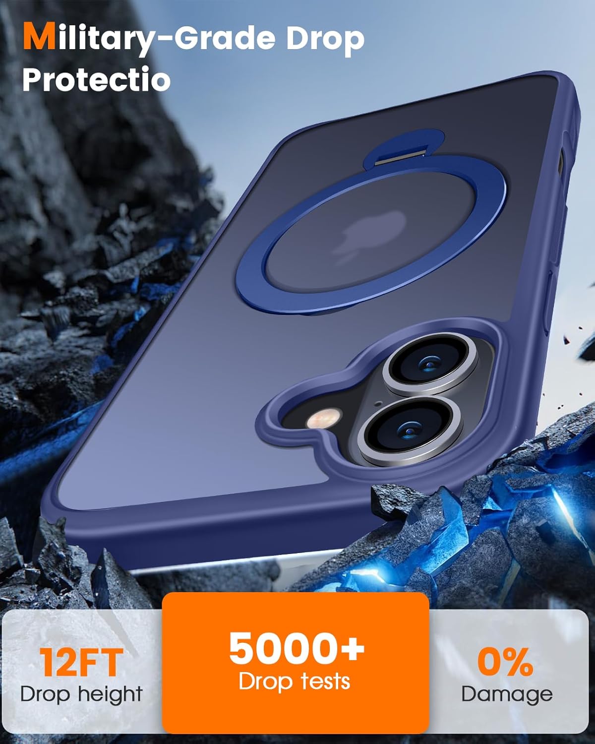 360° Rotatable Magnetic Stand for iPhone 16 Case Compatible with Magnetic 16FT Military Drop Protection, Anti-Scratch/Fingerprint Shockproof iPhone 16 Phone Case(Matte-Blue)
