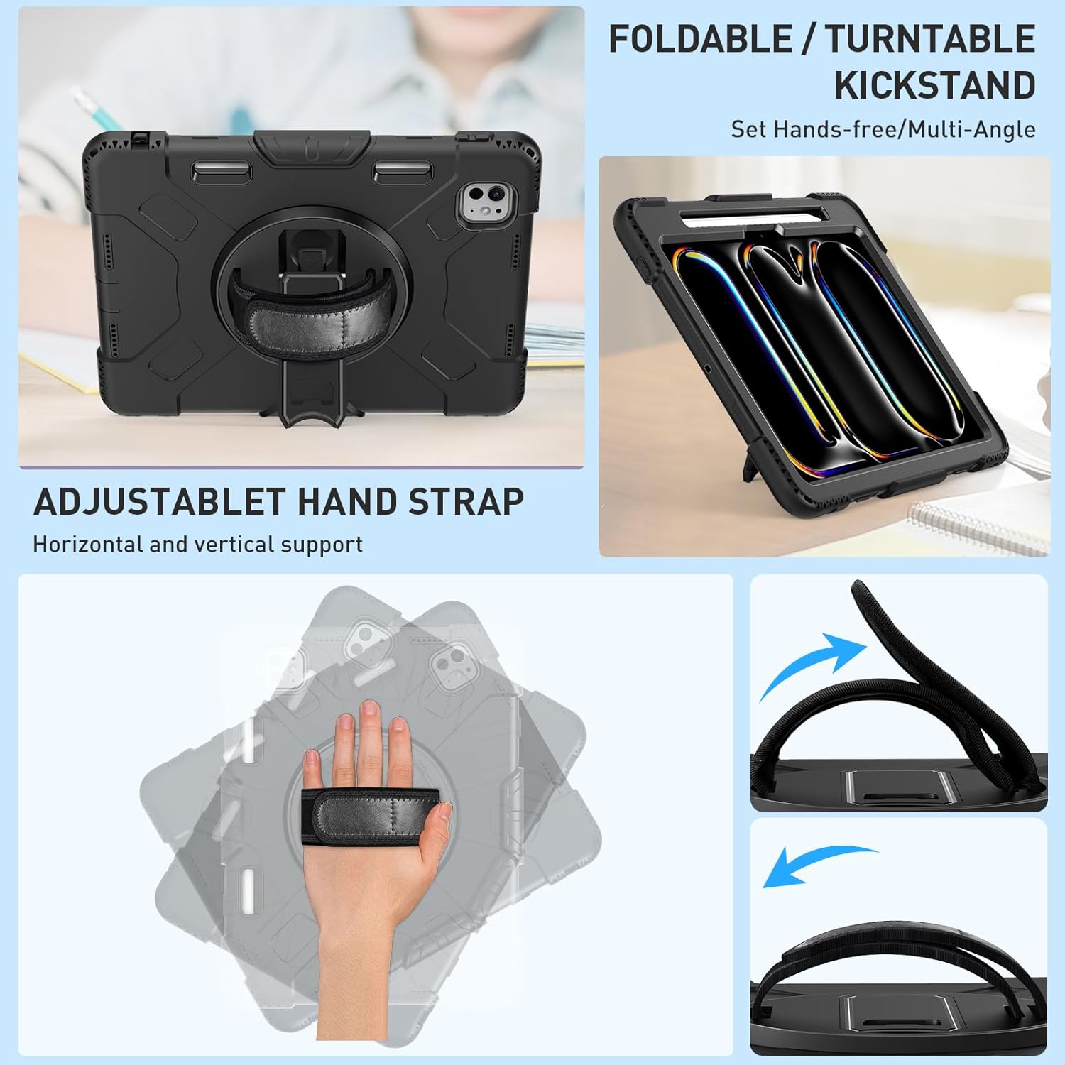 SUPFIVES 2024 iPad Pro 11 Inch Case M4 (5th Generation), with Screen Protector/Shoulder Strap/Pencil Holder/Handle/Rotating Stand, Black