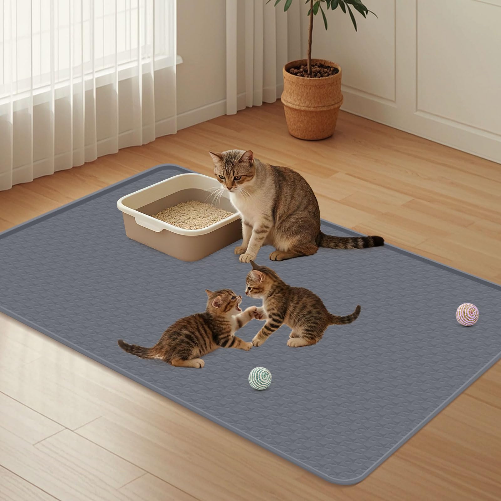 Kalolary - Alfombrilla de silicona extragrande para arena de gatos, 51 x 25.6 pulgadas, alfombrilla de silicona para atrapar el suelo (diamante gris)