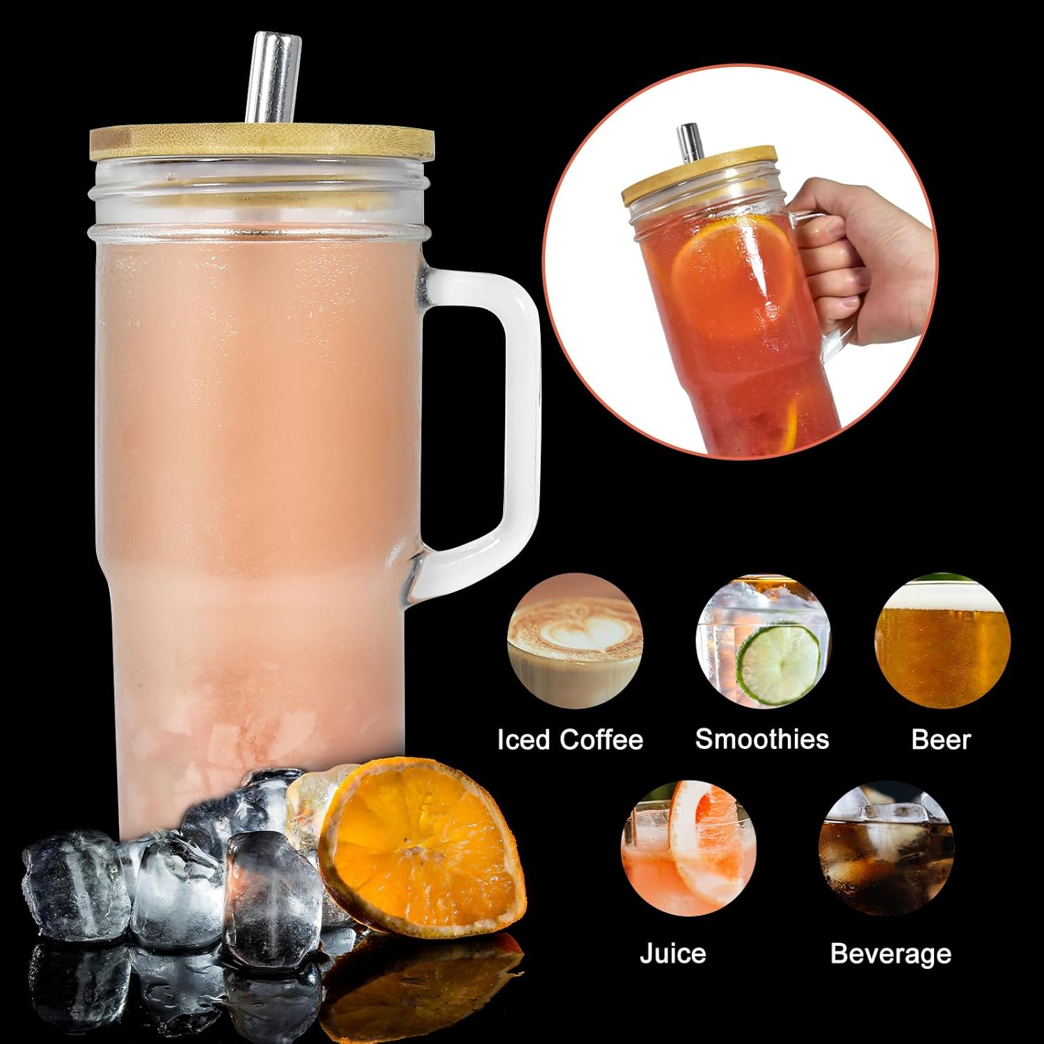 2Pcs Glass Cups with Lids and Straws, 24oz Mason Jar Iced Coffee Cup Drinking Jars Glasses Tumbler with Handle Bamboo Lids Wide Mouth Travel Mug for Bubble Tea, Iced Coffee, Smoothie, Beer - Image 5