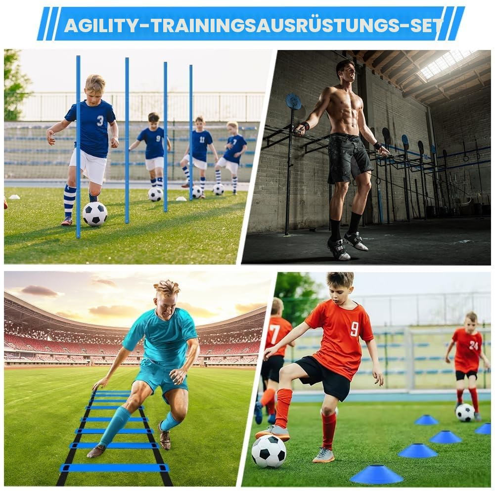 Fußball Agilitäts Slalomstangen Set für Jugendliche und Erwachsene | Fußball Trainingszubehör,Inklusive 6 Agility Training Stangen,10 Fußballkegel,1 Agilitäts Leiter,1 Aufbewahrungstasche