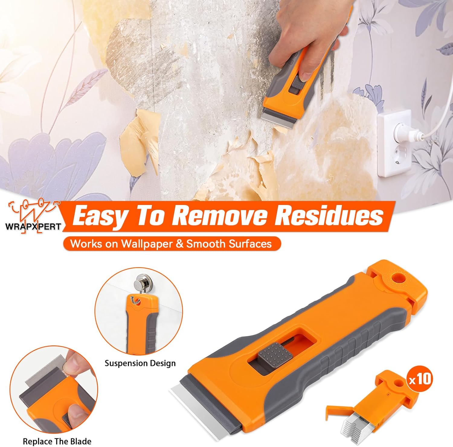 WRAPXPERT Wallpaper Tools Wallpaper Smoothing Tool Kit with Felt Squeegee,Seam Roller,Razor Scraper,Wrapping Paper Cutter for Peel and Stick Contact Paper,Vinyl Backsplash Tile,Bathroom,Window Film