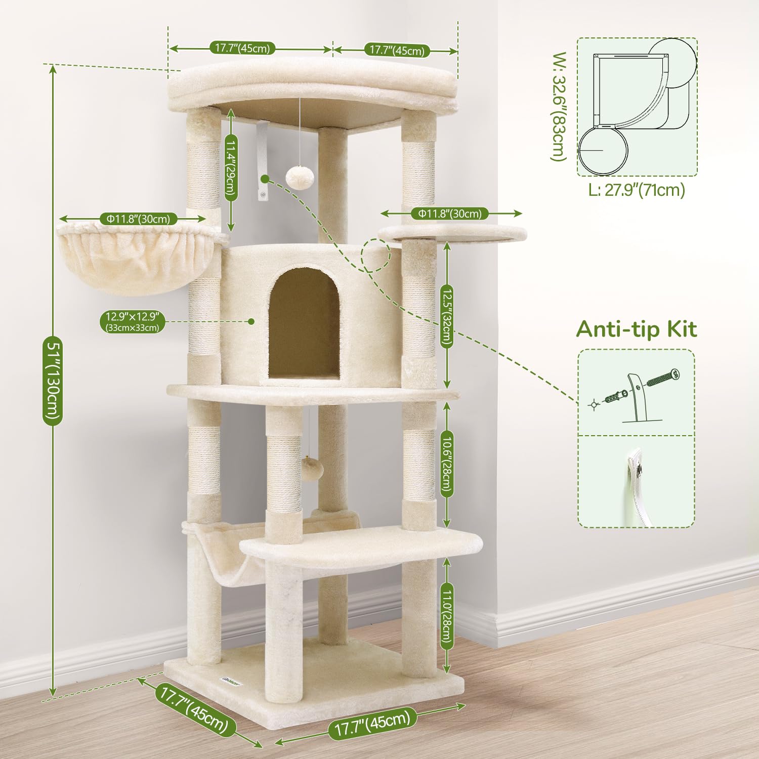 Globlazer Arbre a Chat avec Grandes Plateforme en éventail Niches Doux Hamac Panier, Arbres à Chat Hauteur 130 cm Solide 90° Serré Coin pour 3-4 Gros Chats Repos Jeu (C51, Beige)