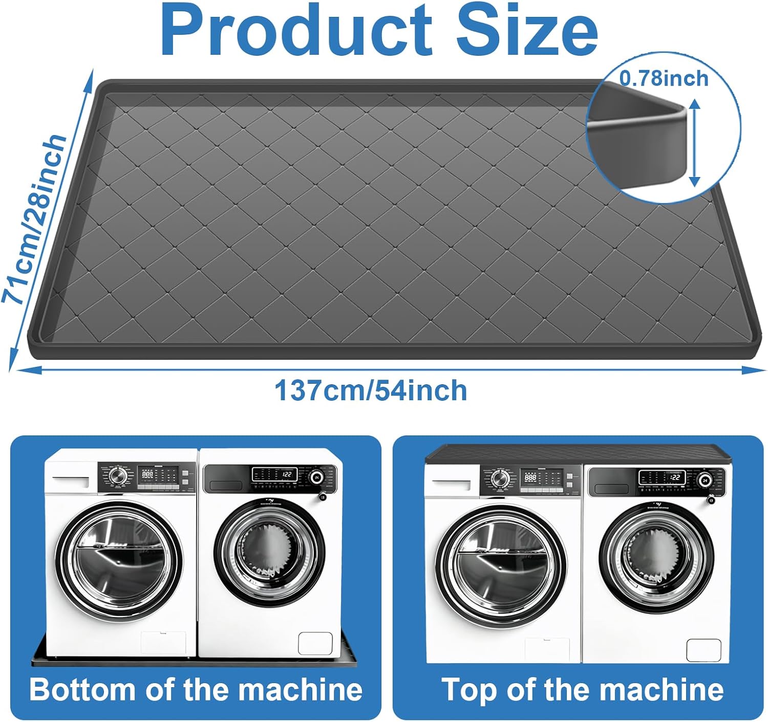 Large Thickened Washing Machine Mat, 54 x 28 Inch Non-Slip Waterproof Washing Machine Drip Tray, 0.78Inch Thickened Raised Edge Mat for Floor Protection, Washer or Dryer Shock Mat