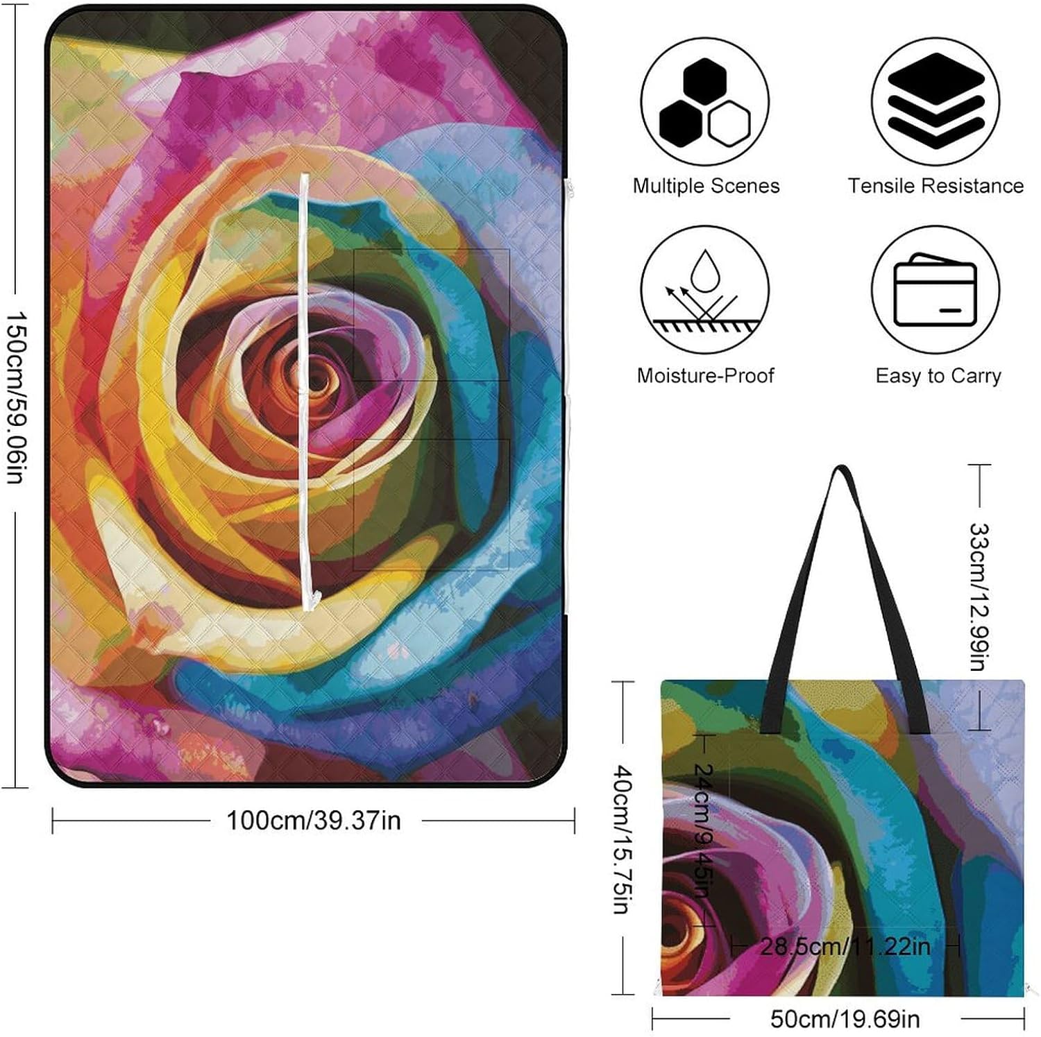 Rainbow Rose Flower Picnic Blanket Zipper Style Waterproof Foldable Outdoor,Picnic Mat Foldable As A Shopping Bag for Ladies, Portable Outdoor Blanket for Camping
