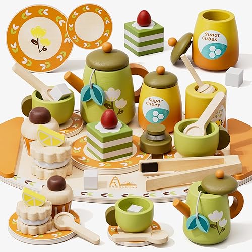 Timber Lulu - Juego de té para niños pequeños de 3 a 5 años, juego de comida de madera para niños, juego de simulación de fiesta de té del bosque